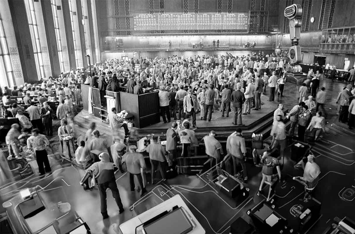 A generative AI photo illustration showing a historic photo of Chicago Board of Trade (predecessor to the Cboe) reimagined with modern technology.
