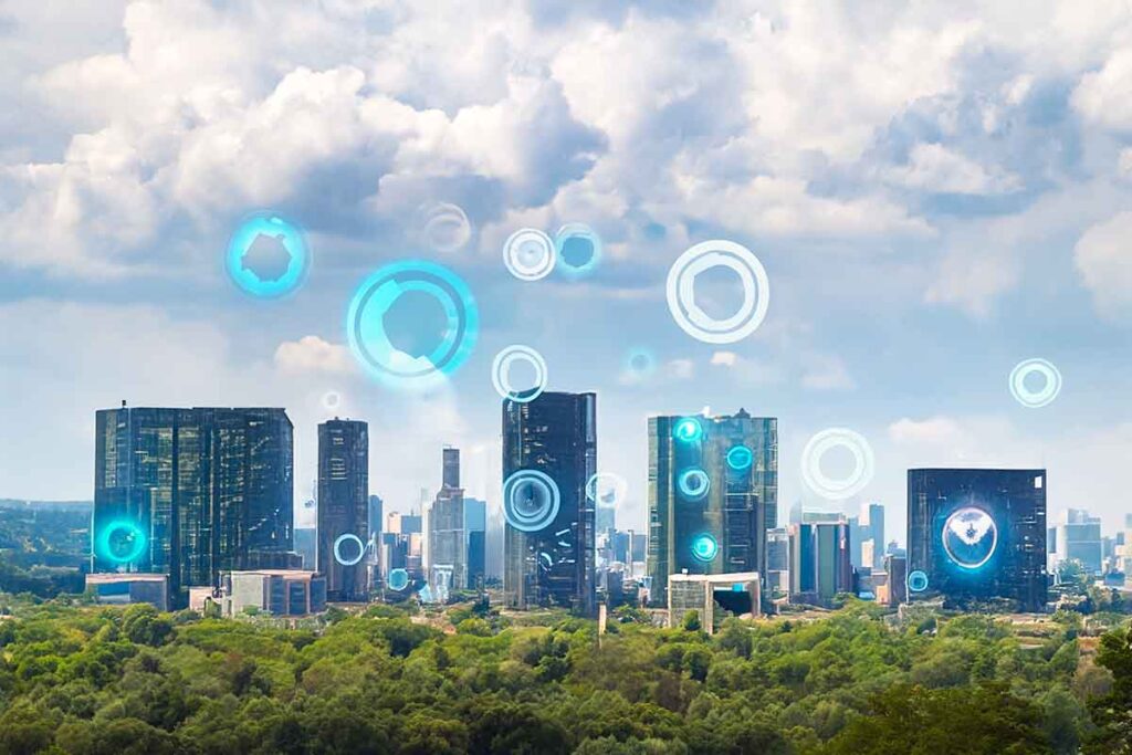 A generative AI photo illustration showing clouds and a futuristic city