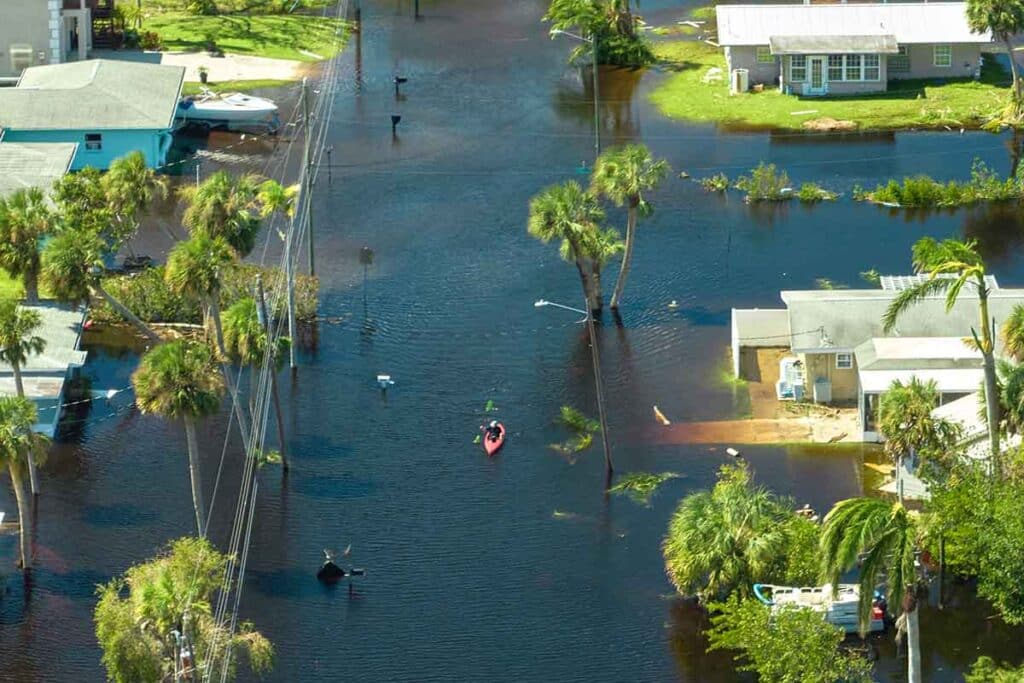An aerial view showing flooded homes in Florida in the aftermath of Hurricane Ian, 2022.
