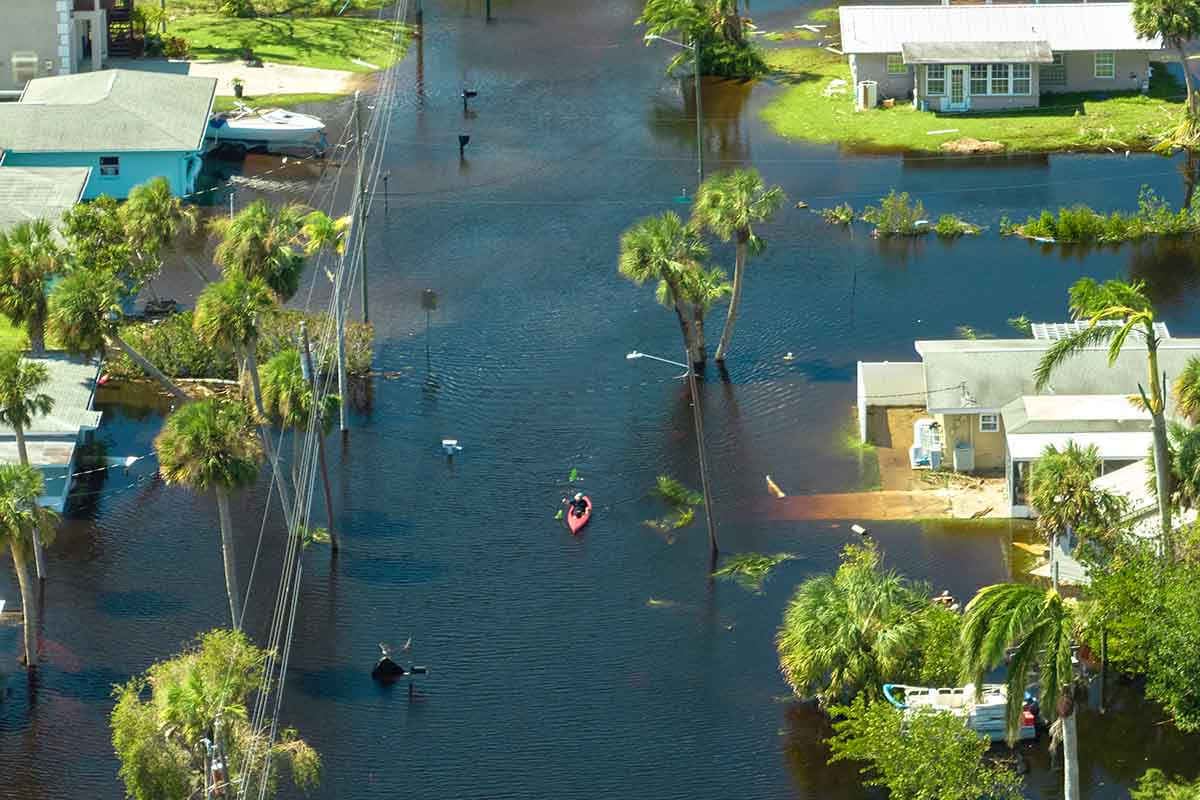 An aerial view showing flooded homes in Florida in the aftermath of Hurricane Ian, 2022.