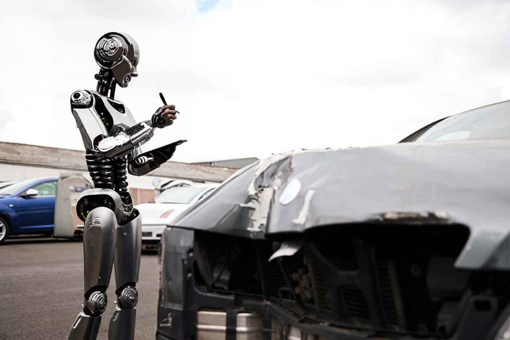 A generative AI photo illustration showing a robot claims adjuster.