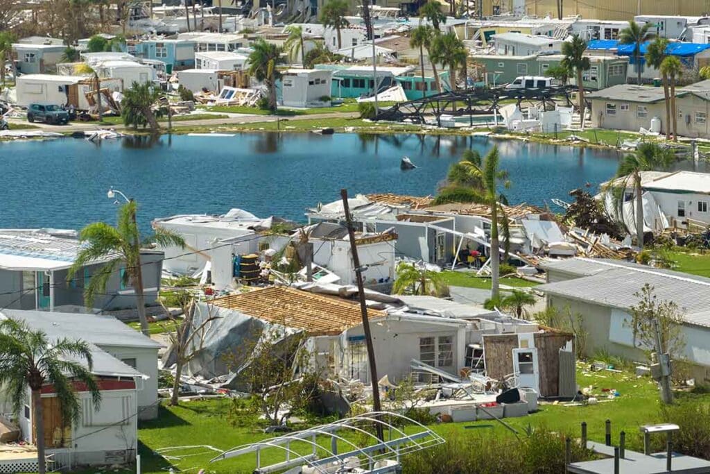 Damage in a Florida residential area following Hurricane Ian in 2022, which caused $115.2 billion dollars in damage.